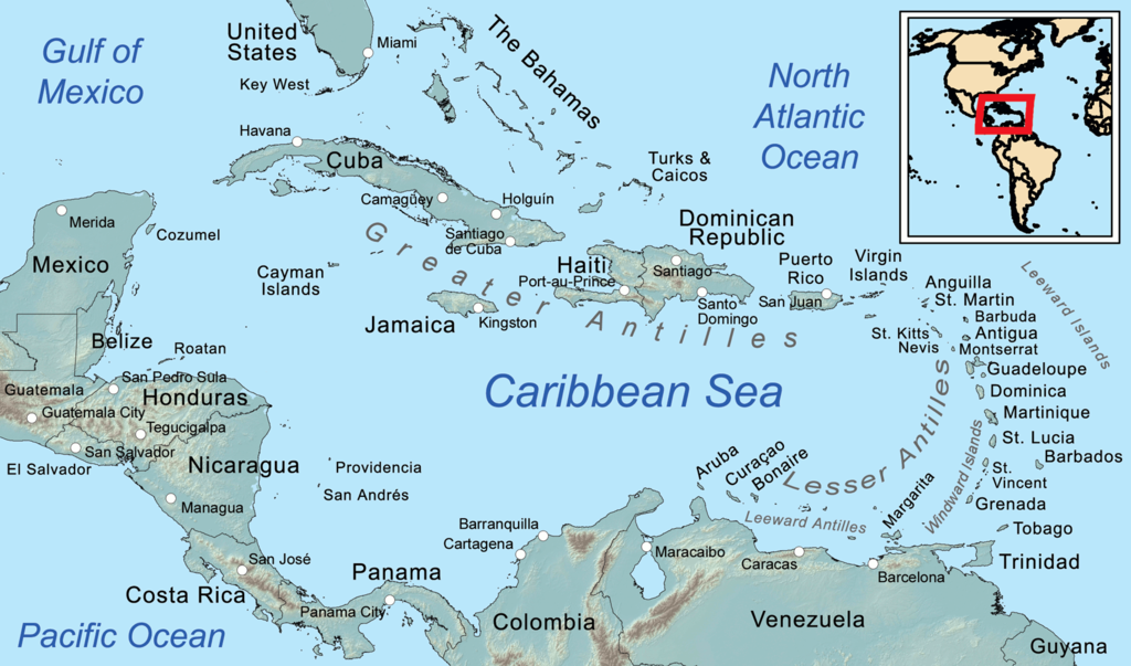 Caribbean Sea reads from left to right Cuba, Jamaica, Haiti and Dominican Republic, Puerto Rico, Virginia islands. At North closer to Cuba you see part of Florida, and at the South, Panamá, Colombia and Venezuela.