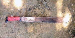 Type of big knife with blood on it.