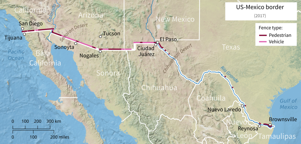 Borderline with surrounding states and binational cities, from left to right California/Baja California (Tijuana/San Diego), Arizona/Sonora (Nogales), New Mexico/Chihuahua, Texas/Chihuahua (El paso/Ciudad Juárez), Texas/Coahuila, Texas/Tamahulipas (Nuevo Laredom Reynosa, Brownsville)