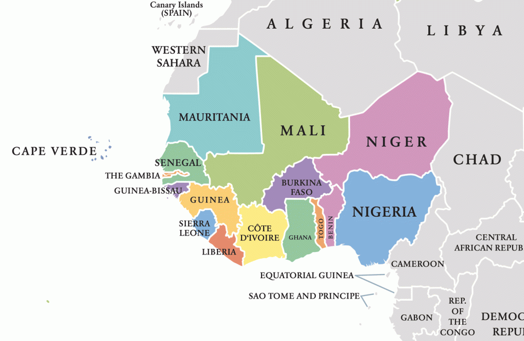 Map of West Africa reads left to right: Sierra Leone, Liberia, Ivory Coast, Ghana, Togo, Benin, Nigeria