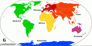 Five continents including America (green), Europa (red), Asia (orange), Africa (yellow), Oceania (Purple), Antartida (blue)